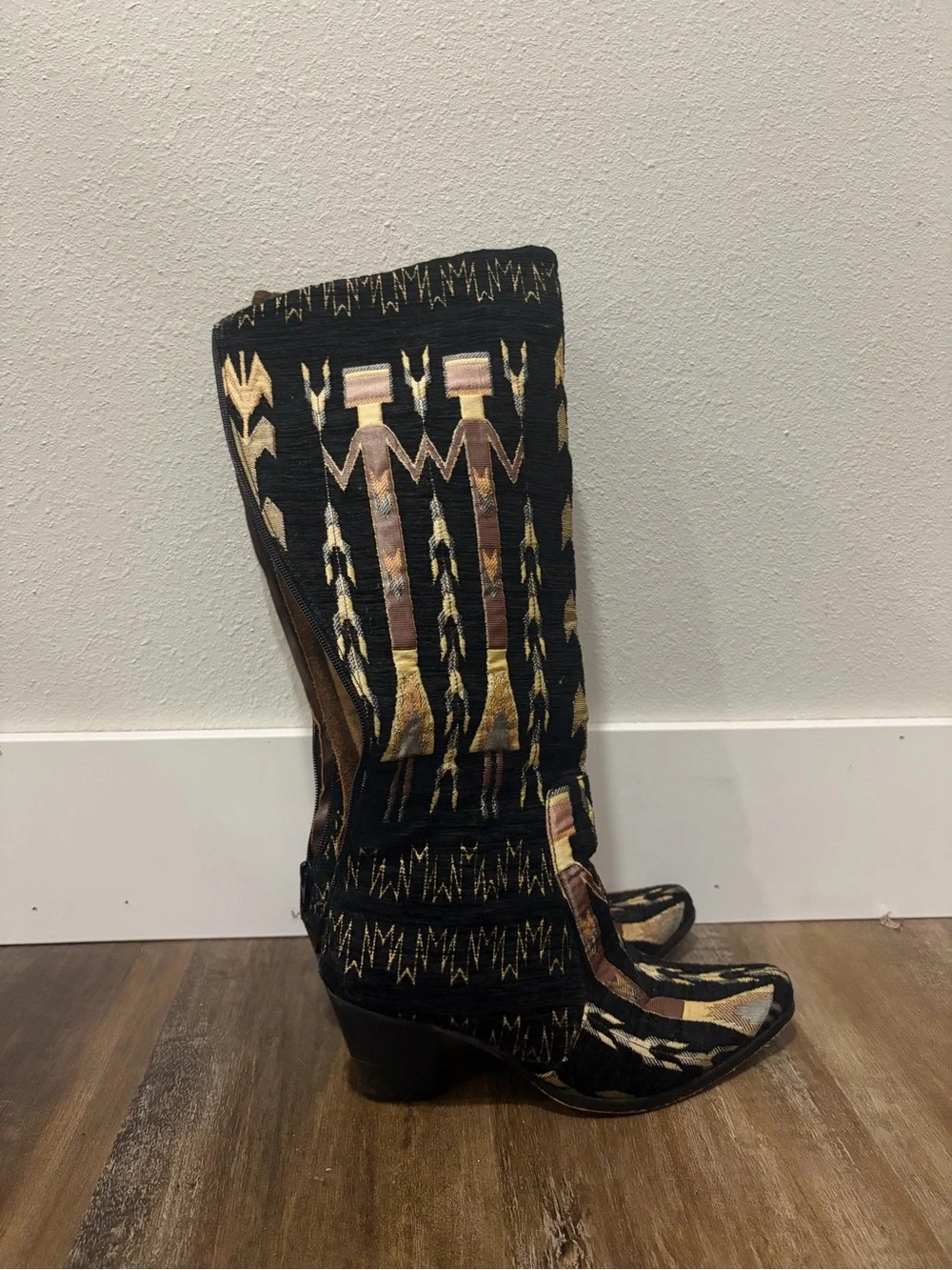 Vintage embroidered tapestry knee-high boots | Black + Gold boho statement boots